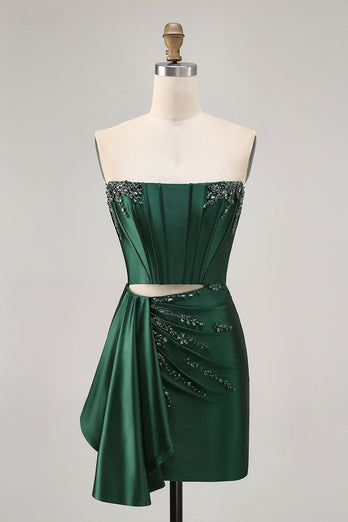Sparkly Dark Green Short Tight Corset Prom Dress with Sash