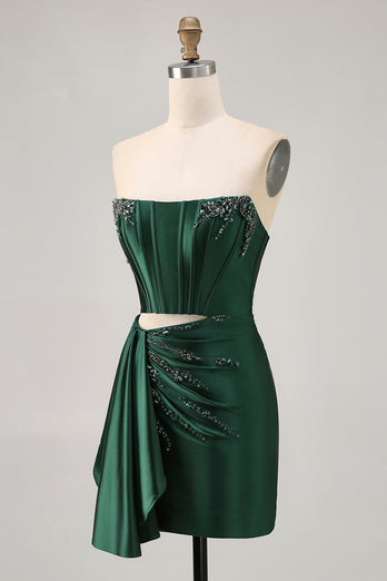 Sparkly Dark Green Short Tight Corset Prom Dress with Sash
