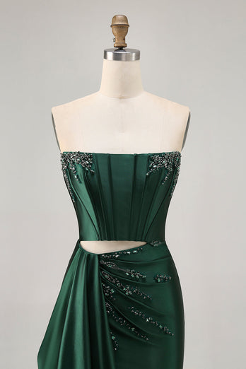 Sparkly Dark Green Short Tight Corset Prom Dress with Sash