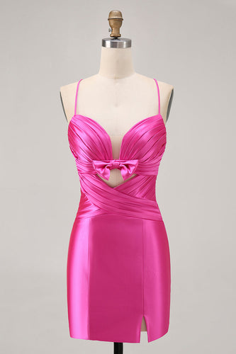 Fuchsia Satin Tight Short Keyhole Prom Dress with Bow