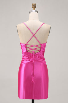 Fuchsia Satin Tight Short Keyhole Prom Dress with Bow
