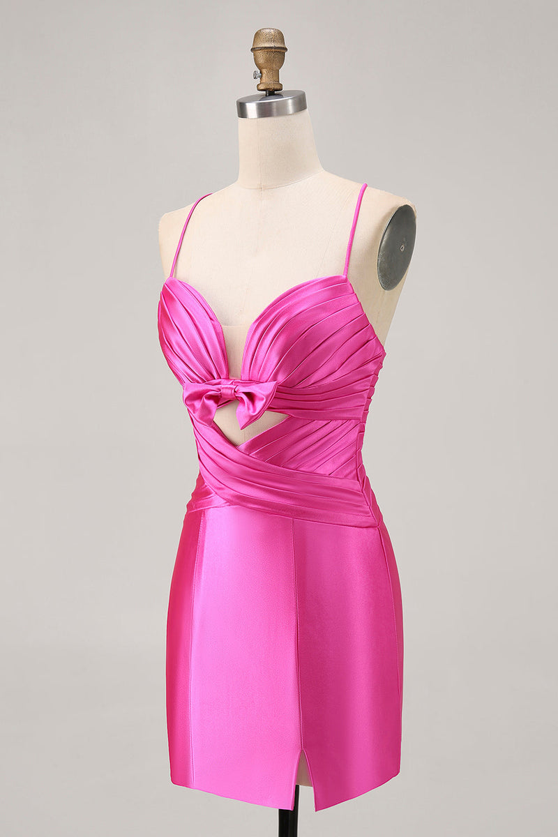 Load image into Gallery viewer, Fuchsia Satin Tight Short Keyhole Prom Dress with Bow