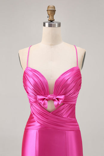 Fuchsia Satin Tight Short Keyhole Prom Dress with Bow