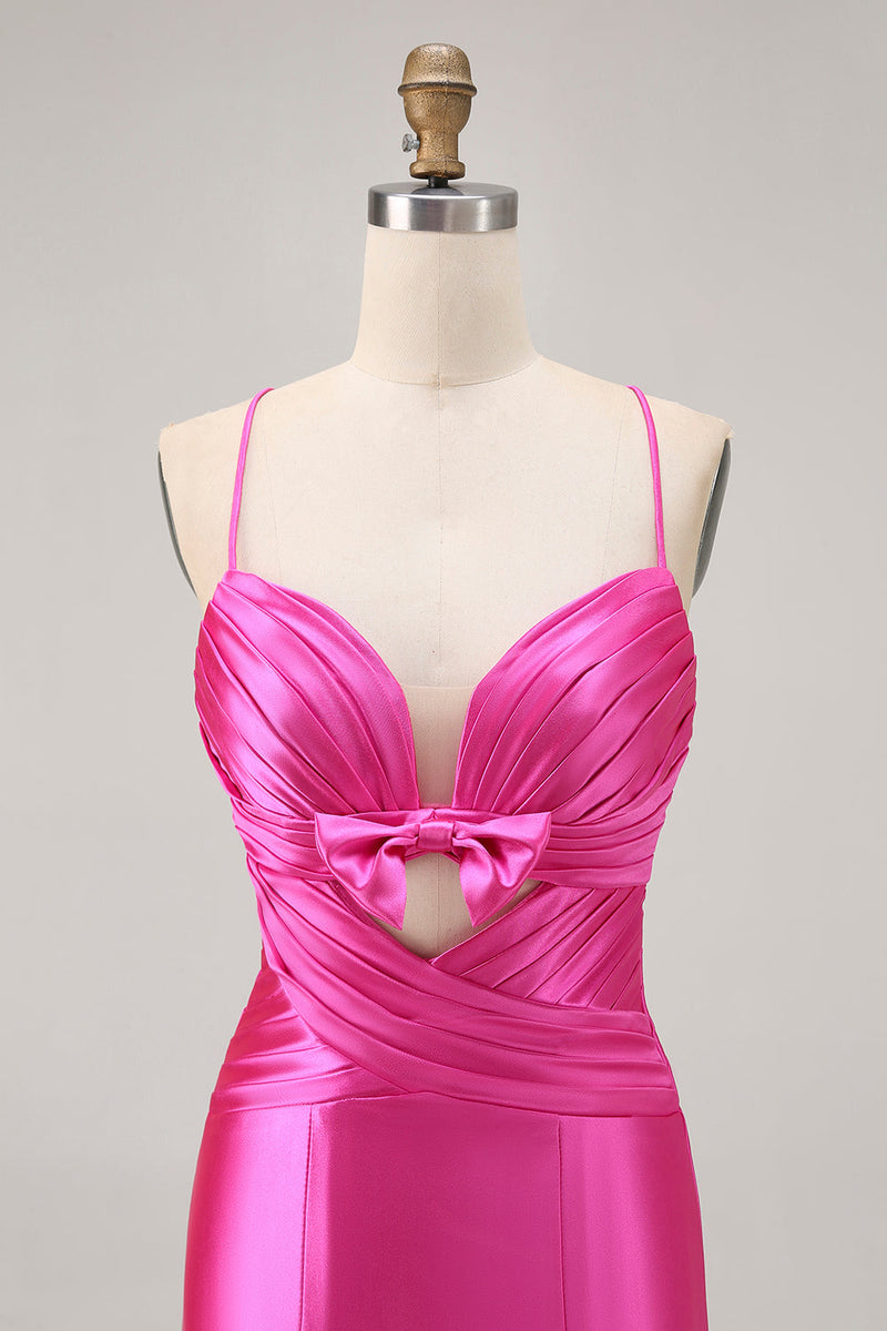 Load image into Gallery viewer, Fuchsia Satin Tight Short Keyhole Prom Dress with Bow