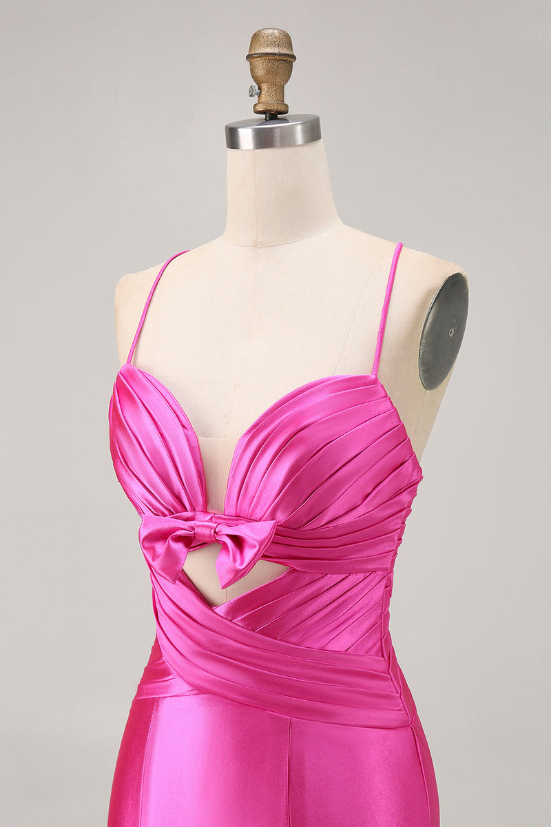 Load image into Gallery viewer, Fuchsia Satin Tight Short Keyhole Prom Dress with Bow