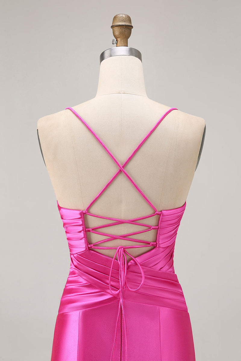 Load image into Gallery viewer, Fuchsia Satin Tight Short Keyhole Prom Dress with Bow