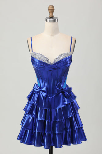 Sparkly Royal Blue Corset Metallic Ruffled Short Prom Dress with Bows