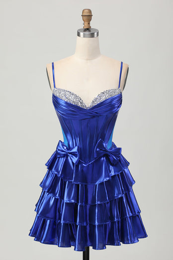 Sparkly Royal Blue Corset Metallic Ruffled Short Prom Dress with Bows