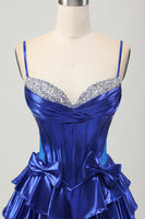 Load image into Gallery viewer, Sparkly Royal Blue Corset Metallic Ruffled Short Prom Dress with Bows