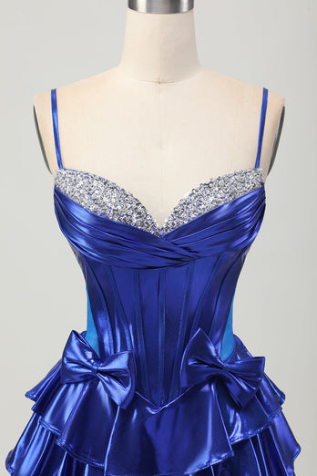 Sparkly Royal Blue Corset Metallic Ruffled Short Prom Dress with Bows