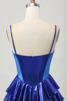 Load image into Gallery viewer, Sparkly Royal Blue Corset Metallic Ruffled Short Prom Dress with Bows