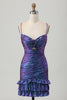 Load image into Gallery viewer, Sparkly Blue and Purple Floral Metallic Tight Short Prom Dress with Ruffles