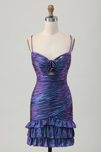 Sparkly Blue and Purple Floral Metallic Tight Short Prom Dress with Ruffles