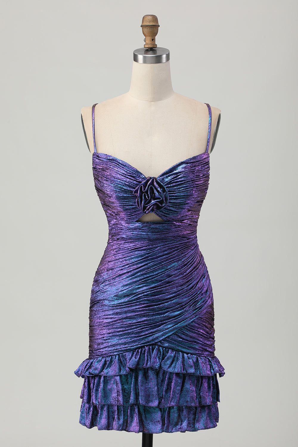 Sparkly Blue and Purple Floral Metallic Tight Short Prom Dress with Ruffles
