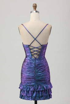 Sparkly Blue and Purple Floral Metallic Tight Short Prom Dress with Ruffles