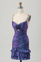 Load image into Gallery viewer, Sparkly Blue and Purple Floral Metallic Tight Short Prom Dress with Ruffles