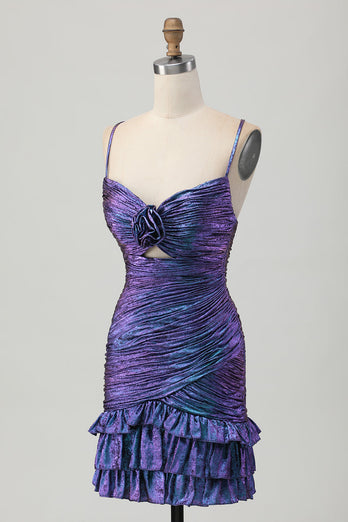 Sparkly Blue and Purple Floral Metallic Tight Short Prom Dress with Ruffles