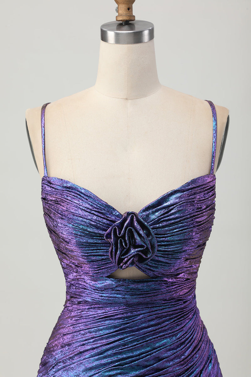 Load image into Gallery viewer, Sparkly Blue and Purple Floral Metallic Tight Short Prom Dress with Ruffles