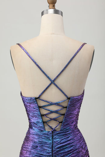Sparkly Blue and Purple Floral Metallic Tight Short Prom Dress with Ruffles