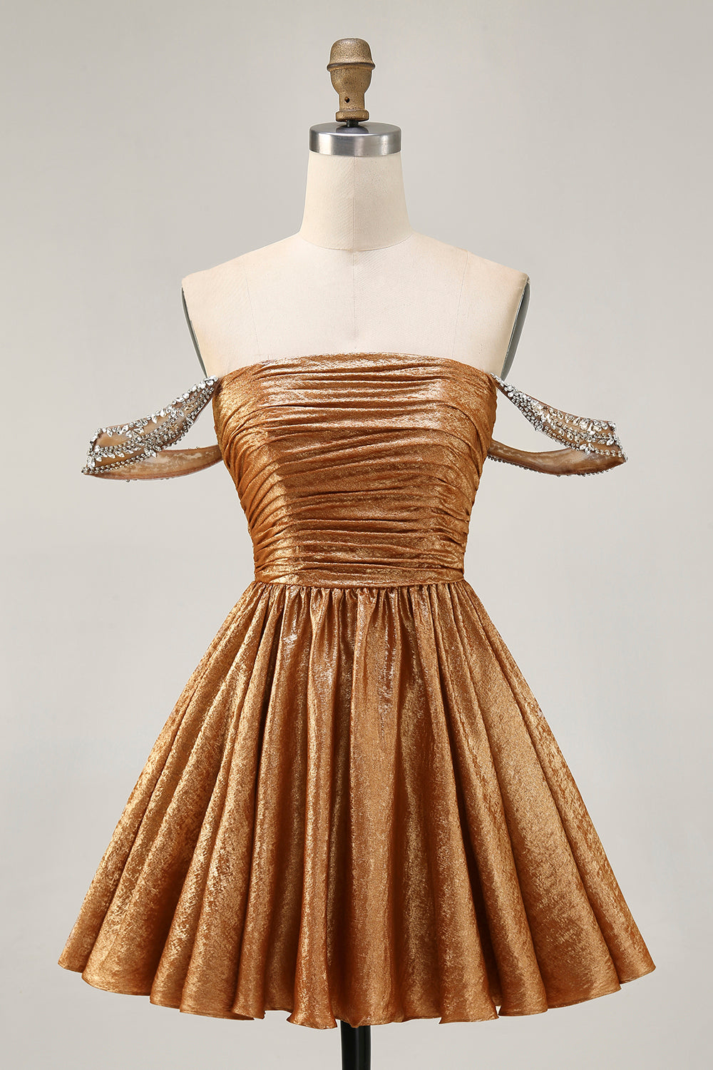 Sparkly Golden Off the Shoulder Metallic A Line Short Prom Dress