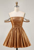 Load image into Gallery viewer, Sparkly Green A Line Mteallic Off the Shoulder Short Prom Dress