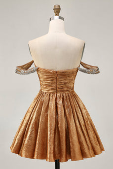 Sparkly Golden Off the Shoulder Metallic A Line Short Prom Dress