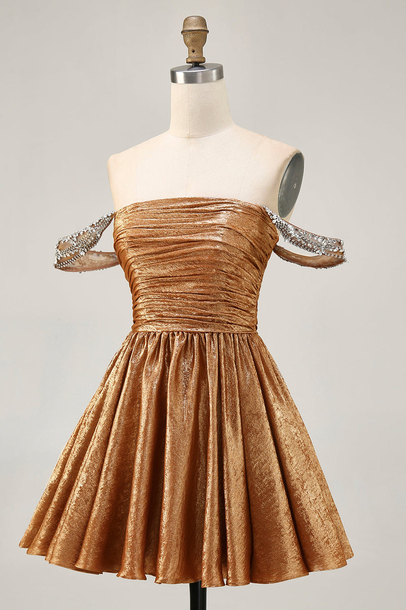 Load image into Gallery viewer, Sparkly Green A Line Mteallic Off the Shoulder Short Prom Dress