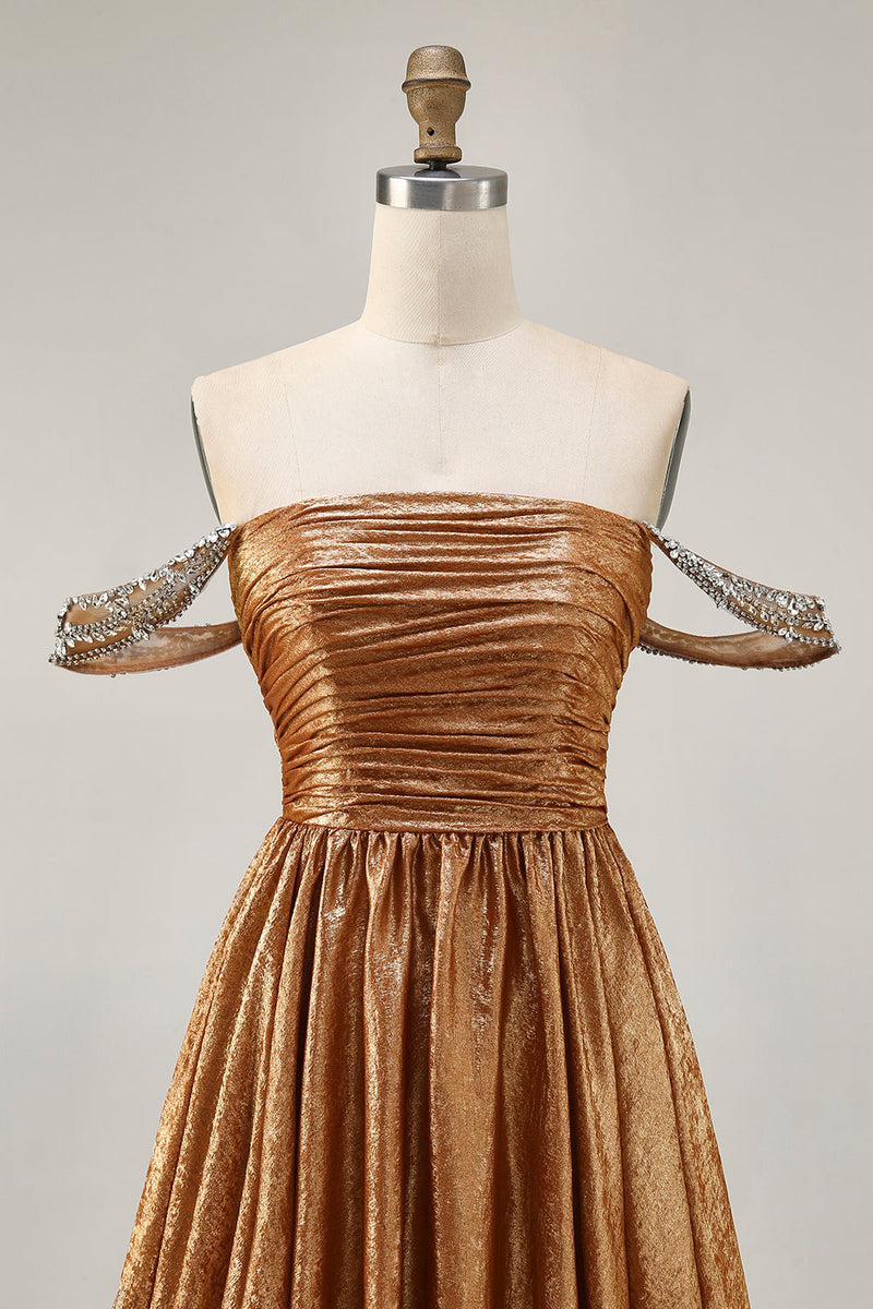 Load image into Gallery viewer, Sparkly Green A Line Mteallic Off the Shoulder Short Prom Dress