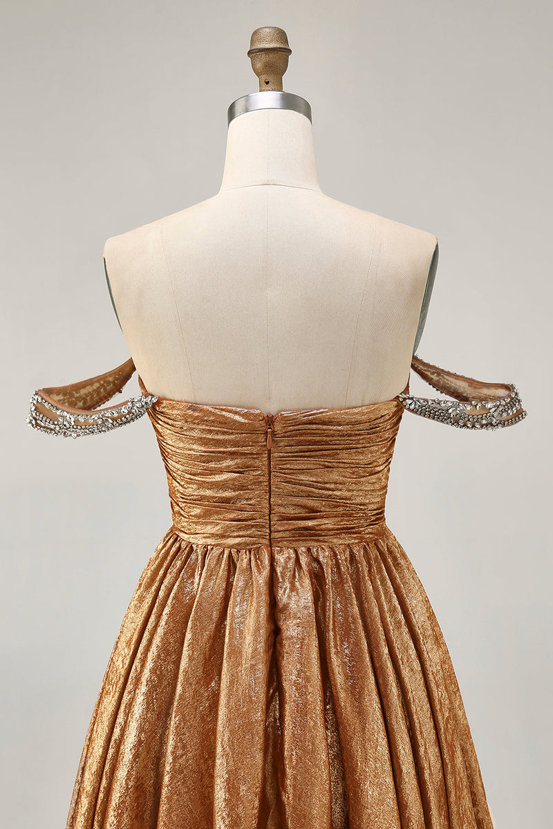 Load image into Gallery viewer, Sparkly Green A Line Mteallic Off the Shoulder Short Prom Dress