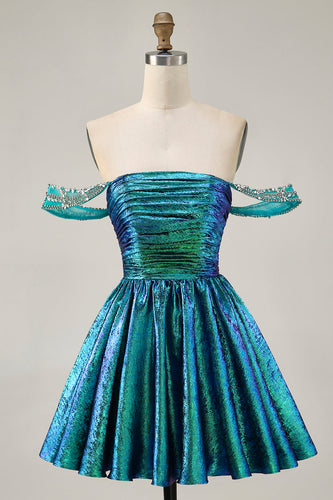 Sparkly Green A Line Mteallic Off the Shoulder Short Prom Dress