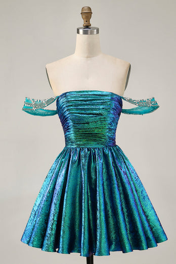 Sparkly Green A Line Mteallic Off the Shoulder Short Prom Dress
