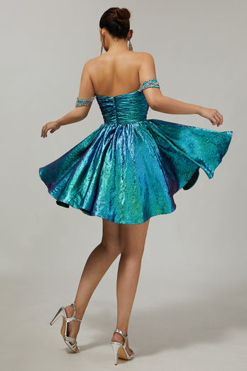 Sparkly Green A Line Mteallic Off the Shoulder Short Prom Dress
