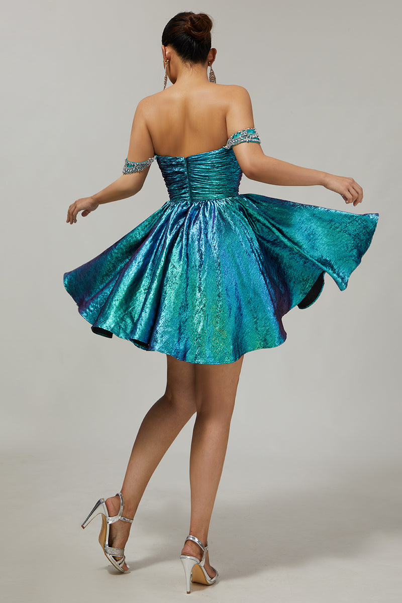Load image into Gallery viewer, Sparkly Golden Off the Shoulder Metallic A Line Short Prom Dress
