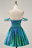 Load image into Gallery viewer, Sparkly Green A Line Mteallic Off the Shoulder Short Prom Dress