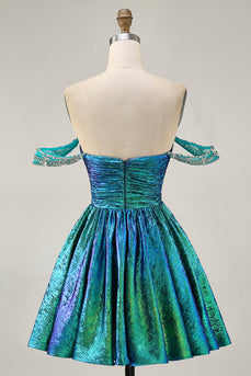 Sparkly Green A Line Mteallic Off the Shoulder Short Prom Dress