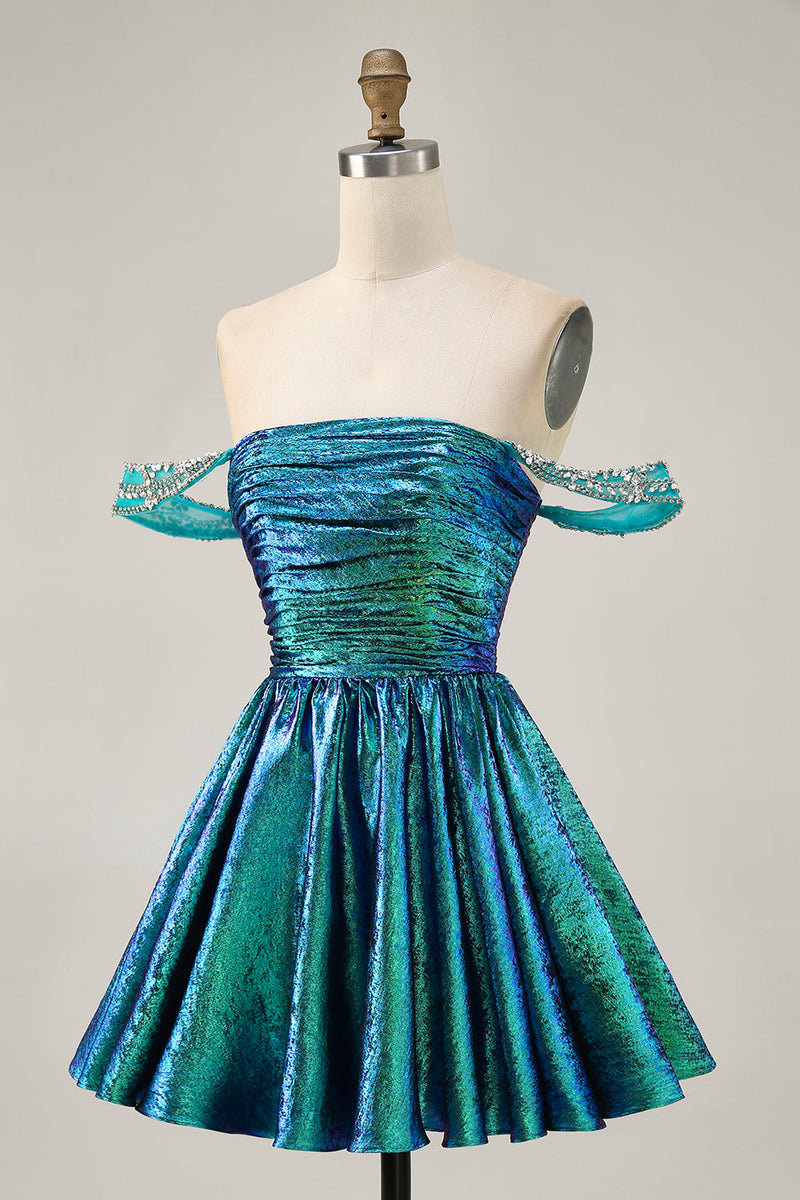 Load image into Gallery viewer, Sparkly Green A Line Mteallic Off the Shoulder Short Prom Dress
