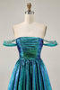 Load image into Gallery viewer, Sparkly Green A Line Mteallic Off the Shoulder Short Prom Dress