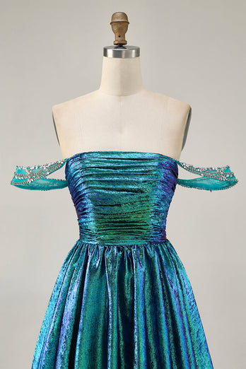 Sparkly Green A Line Mteallic Off the Shoulder Short Prom Dress