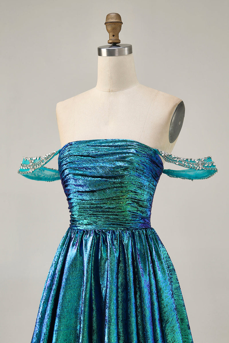 Load image into Gallery viewer, Sparkly Golden Off the Shoulder Metallic A Line Short Prom Dress