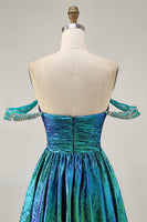 Load image into Gallery viewer, Sparkly Green A Line Mteallic Off the Shoulder Short Prom Dress