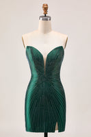 Load image into Gallery viewer, Sparkly Dark Green Satin Tight Short Prom Dress with Beading
