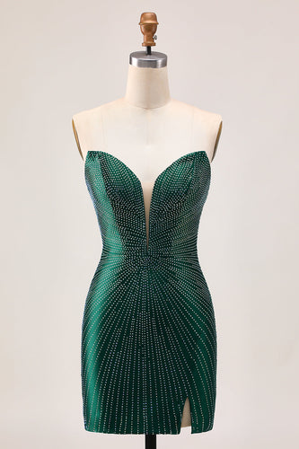 Sparkly Dark Green Satin Tight Short Prom Dress with Beading