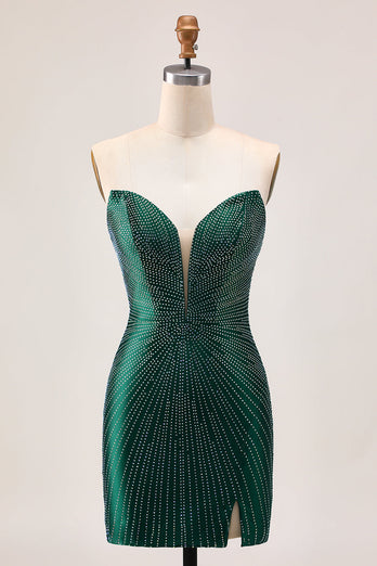 Sparkly Dark Green Satin Tight Short Prom Dress with Beading