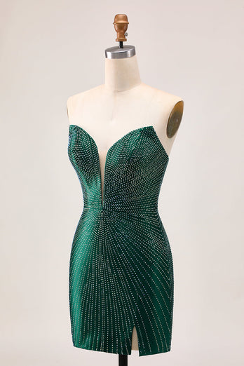 Sparkly Dark Green Satin Tight Short Prom Dress with Beading