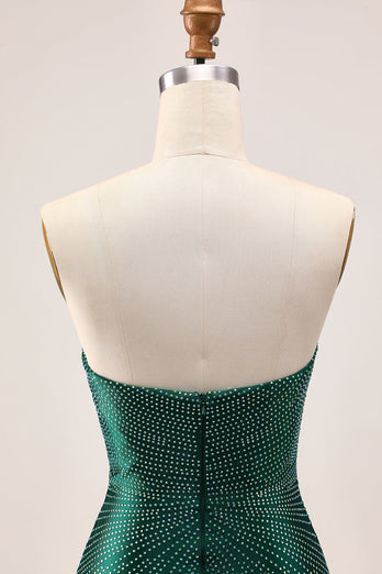 Sparkly Dark Green Satin Tight Short Prom Dress with Beading