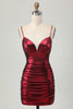 Load image into Gallery viewer, Burgundy Tight Spaghetti Straps Ruched Short Metallic Prom Dress