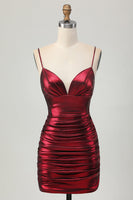 Load image into Gallery viewer, Burgundy Tight Spaghetti Straps Ruched Short Metallic Prom Dress