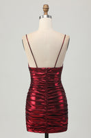 Load image into Gallery viewer, Burgundy Tight Spaghetti Straps Ruched Short Metallic Prom Dress