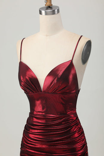 Burgundy Tight Spaghetti Straps Ruched Short Metallic Prom Dress
