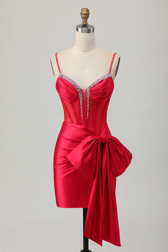 Sparkly Red Beaded Tight Corset Short Prom Dress with Bow